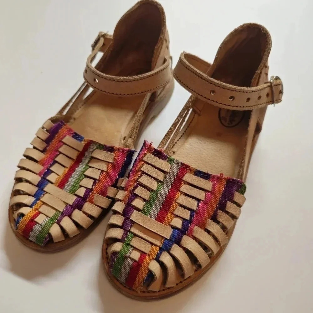 Kids Neutral Leather Huarache Sandals with Multicolor Stripes